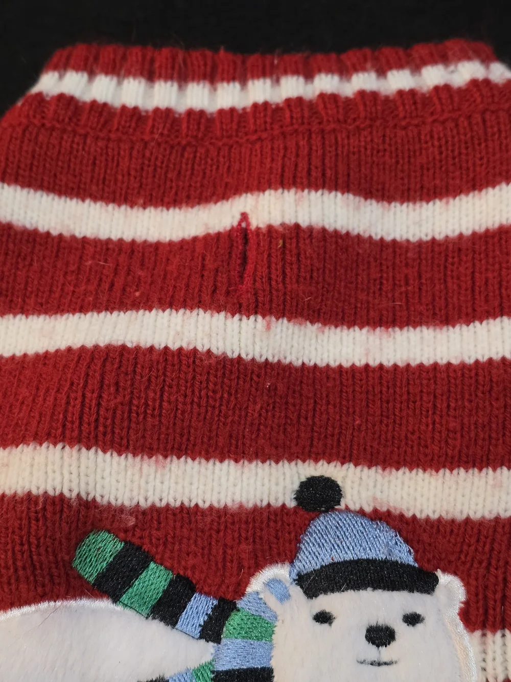 Red & White Striped Holiday Dog Sweater with Polar Bear Applique #688